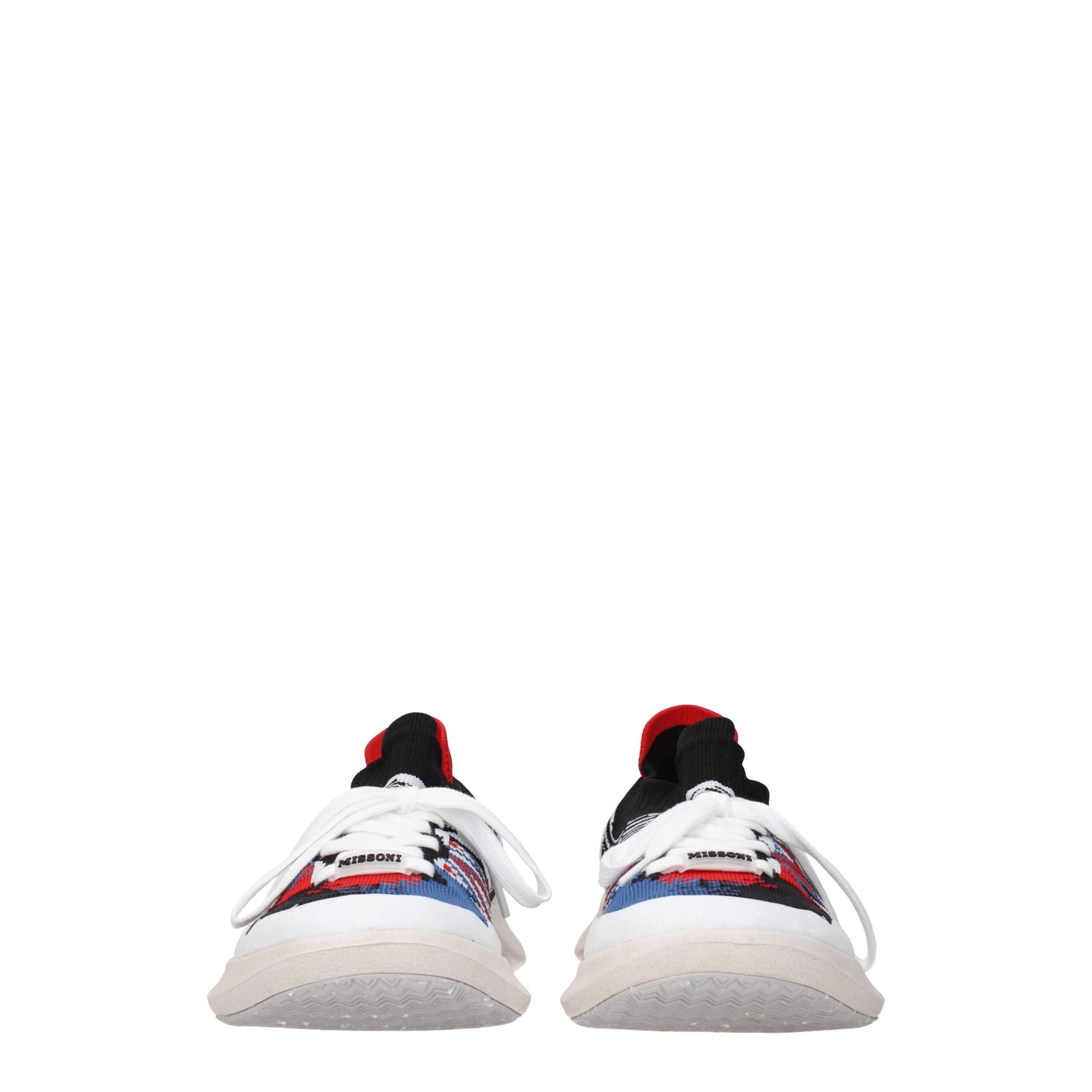 Pair of multicolored sneakers with laces, featuring a patterned design on fabric upper