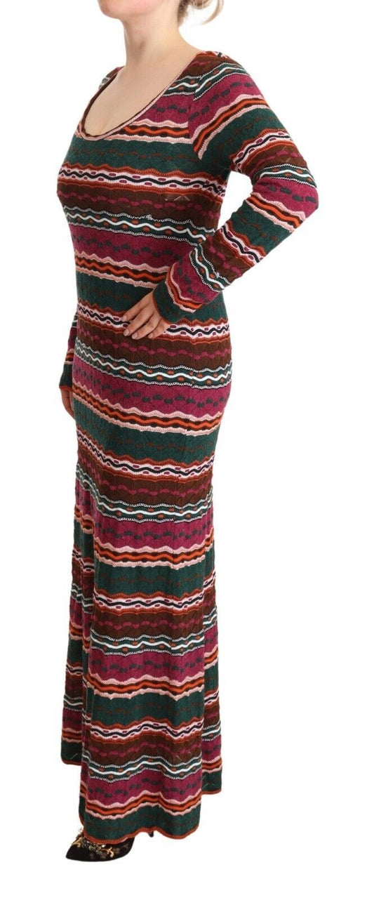 A long sleeved, knit maxi dress with multicolored stripes