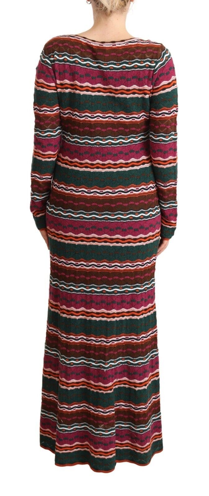 A long sleeve, knit dress with a multicolored striped pattern