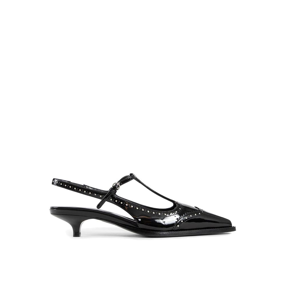 Black high heel shoe with strap over toe