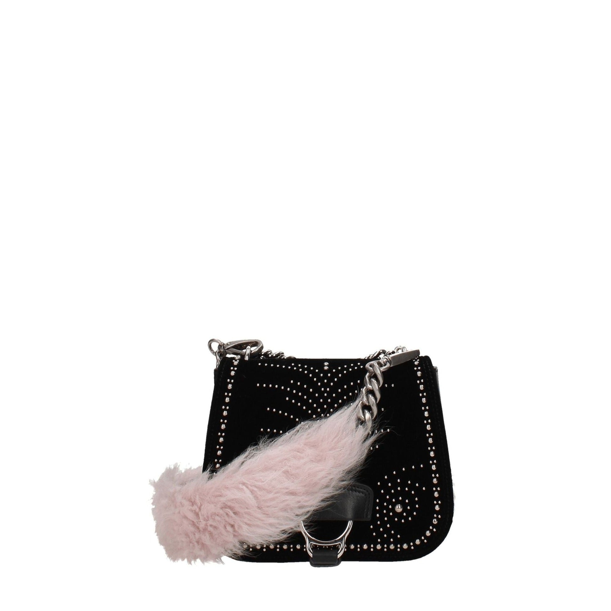 Black handbag with pink fur trim