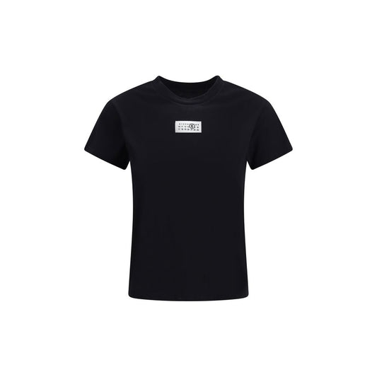 Black short sleeved t-shirt with white logo on front