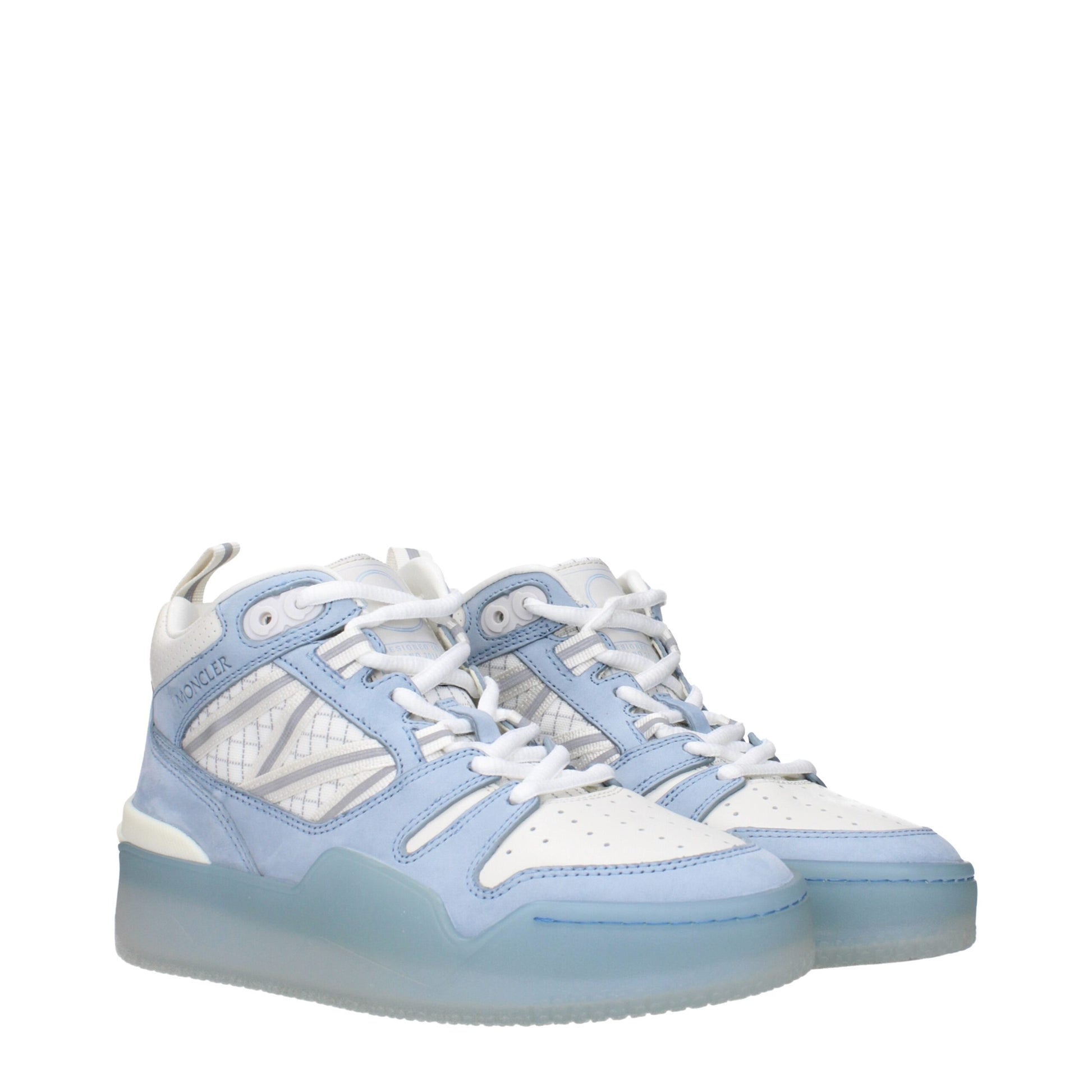 Blue high top sneakers with white laces and soles, featuring a chunky sole design