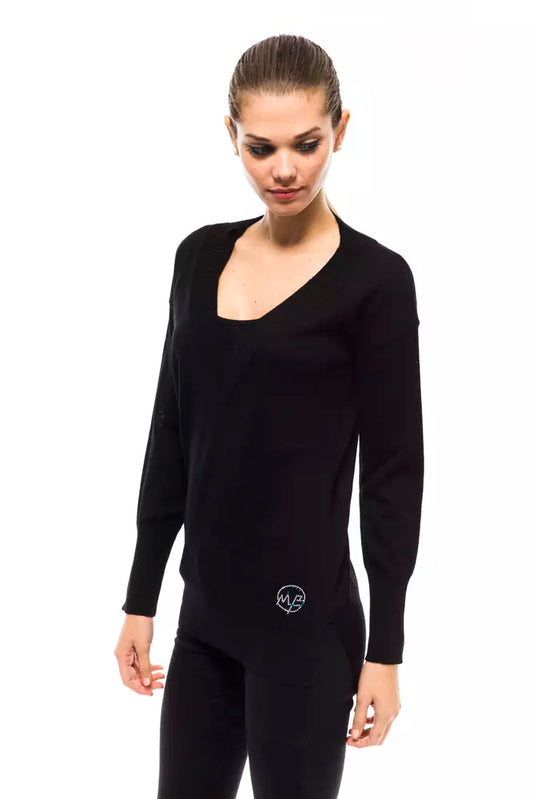 Black long sleeve top with a logo on the left chest area