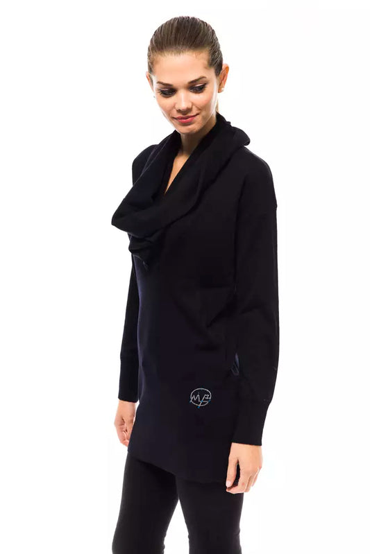 Black coat with scarf worn by model