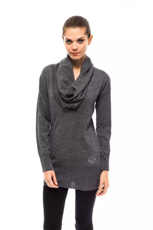 Long sleeve heather gray sweater with a scarf around neck