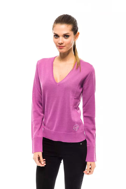 Woman wearing long sleeve purple shirt