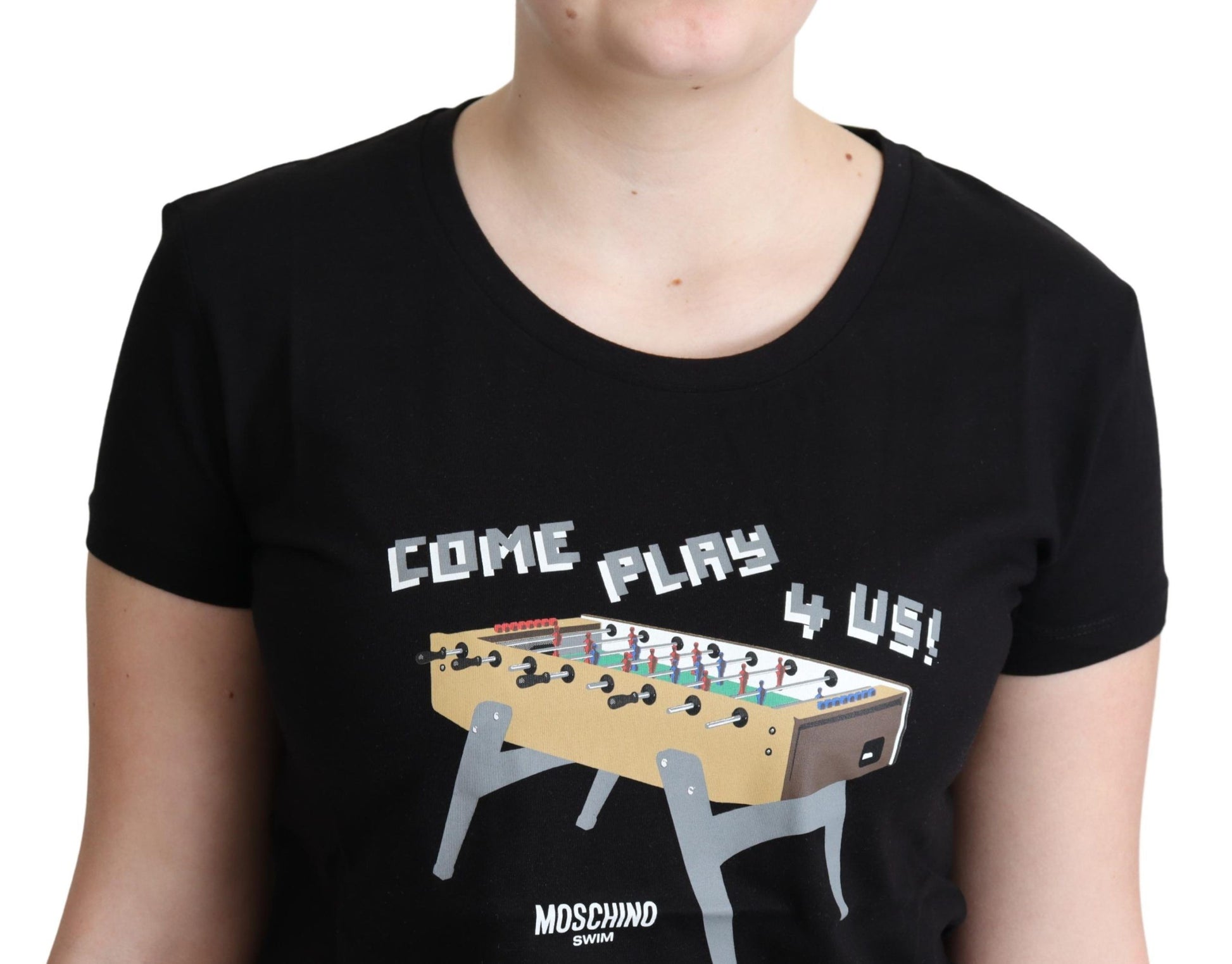 Black t-shirt with graphic design on front
