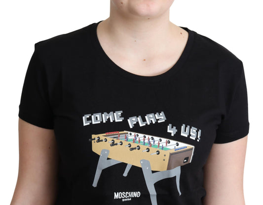 Black t-shirt with graphic design on front