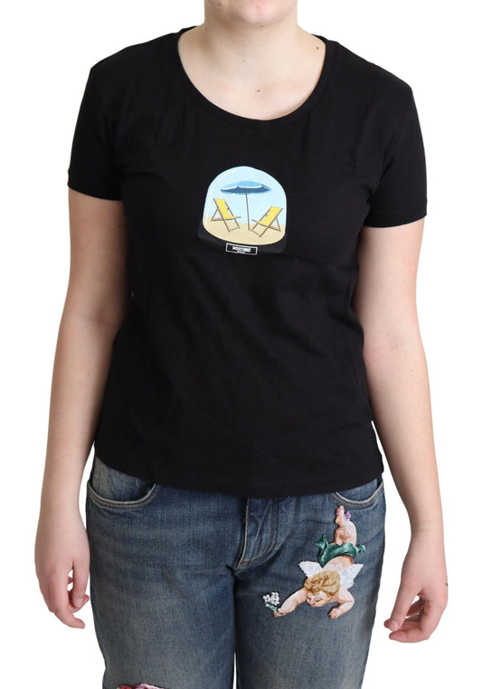 Black t-shirt with graphic design on front
