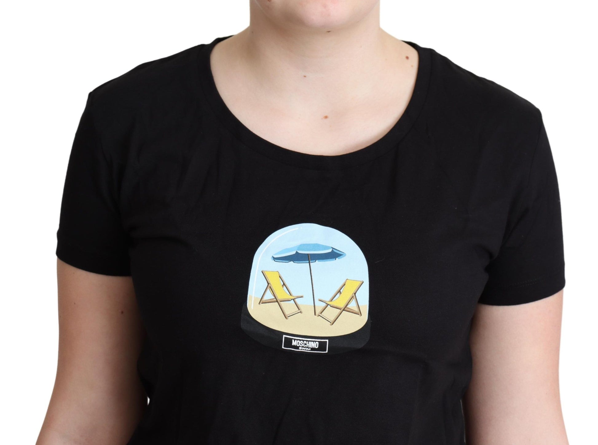 Black t-shirt with graphic design on front