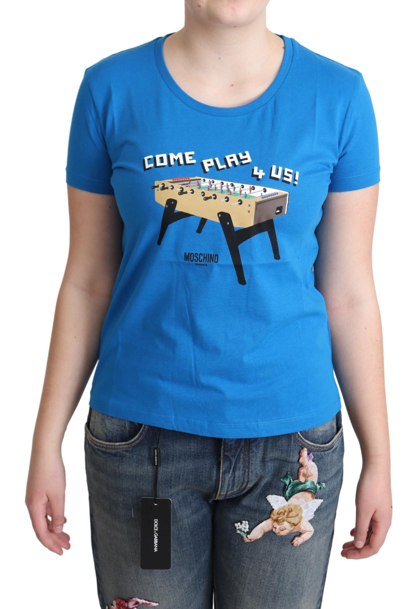 Blue t-shirt with graphic design on front