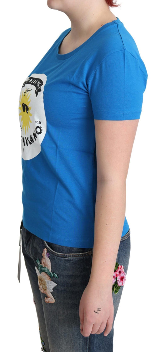 Blue t-shirt with graphic design on front
