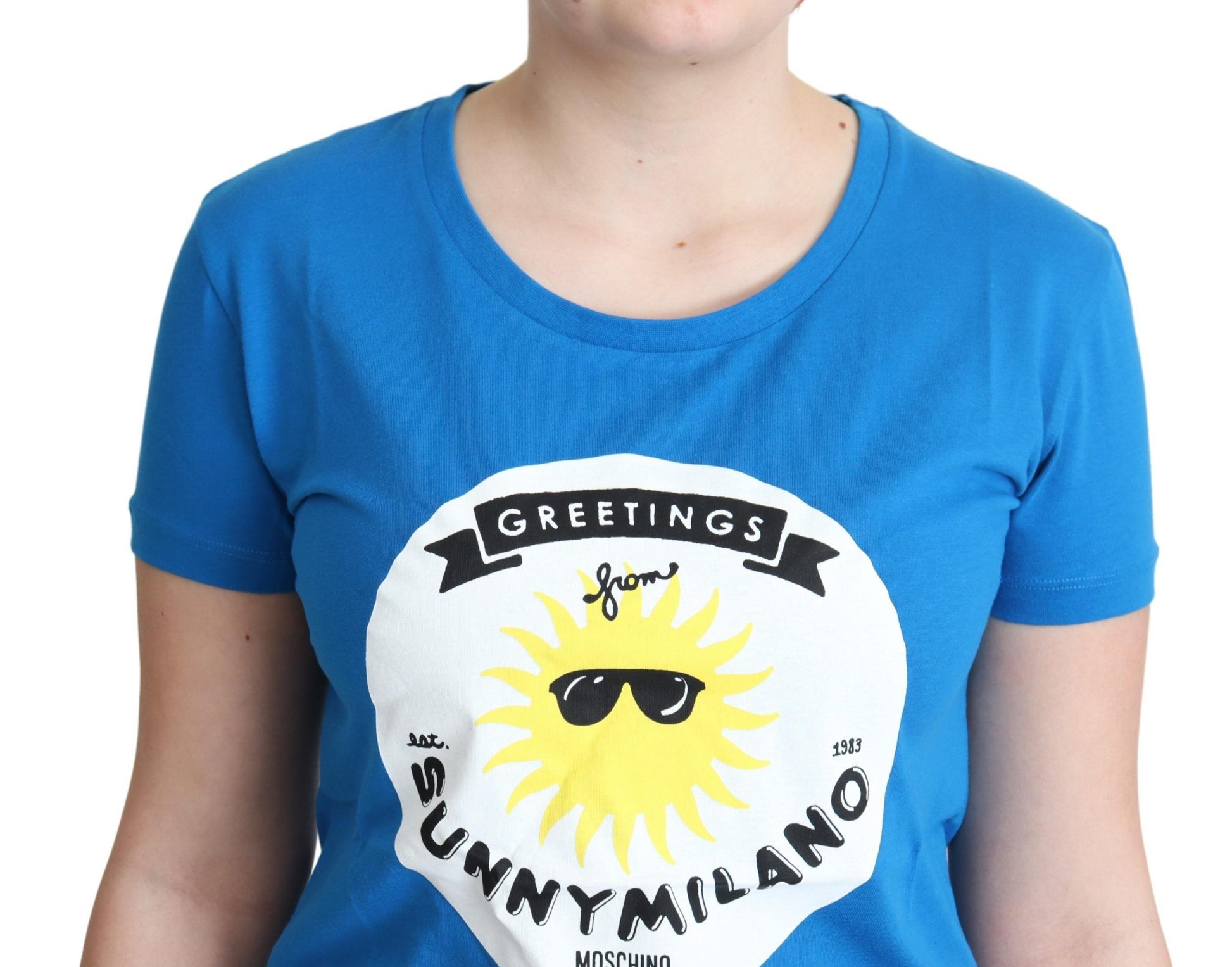 Blue t-shirt with graphic design on front