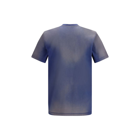 A blue cotton t-shirt with a distressed design on the back