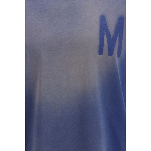 A blue cotton t-shirt with a large white letter "M" on the front
