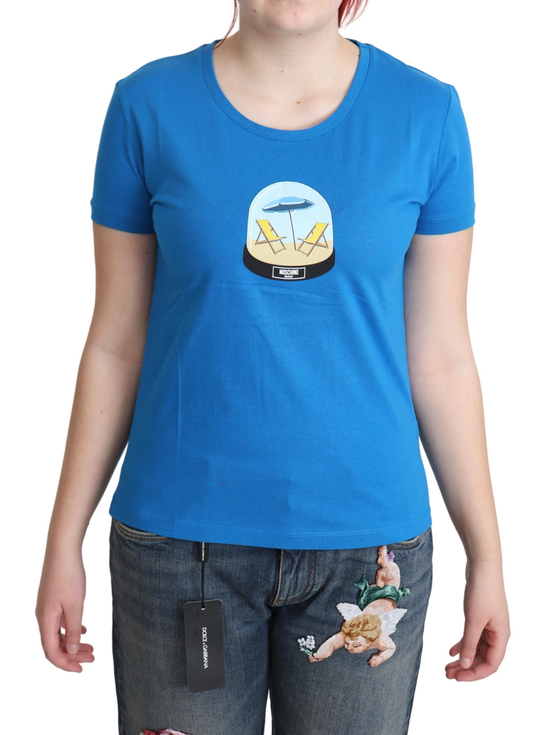 Blue t-shirt with graphic design on front