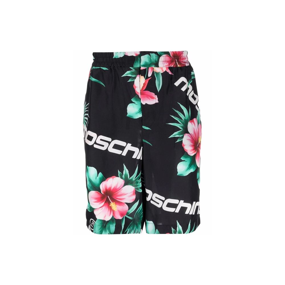 Black shorts with floral print and white lettering