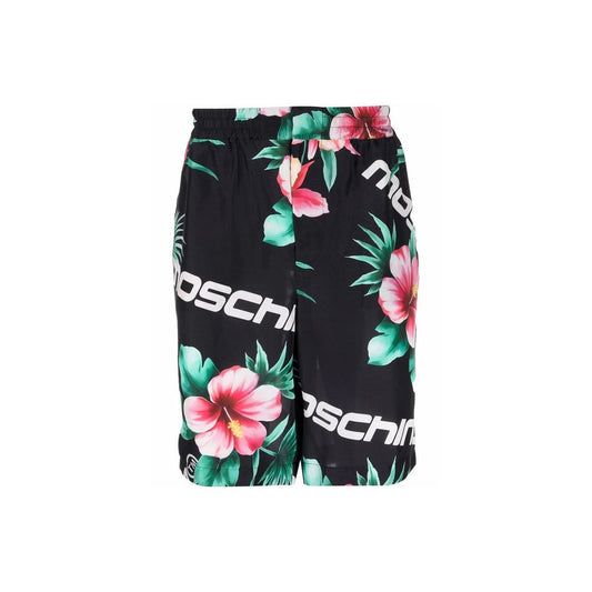 Black shorts with floral print and white lettering