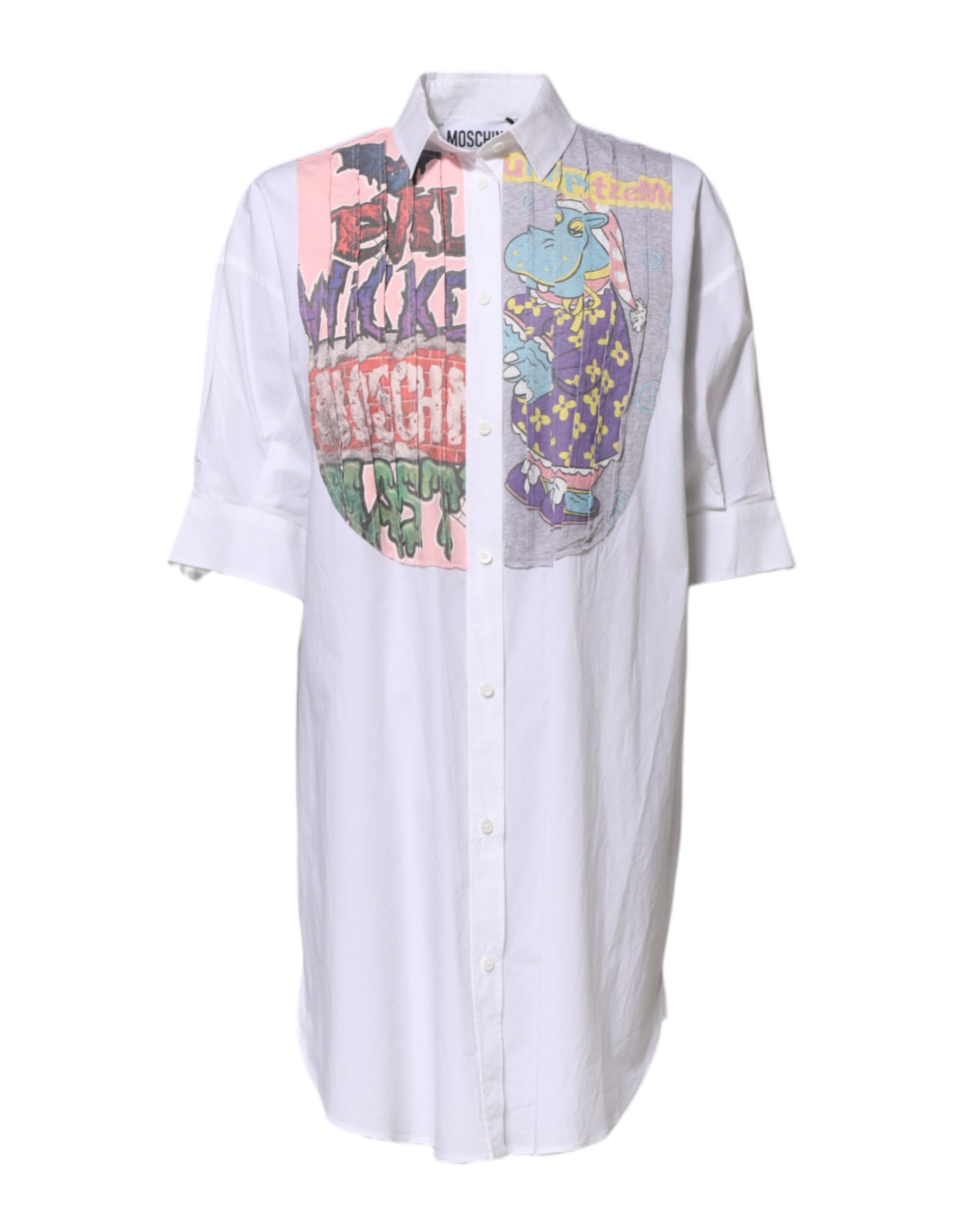 A white shirt dress with a colorful print on the front, featuring collar and button details