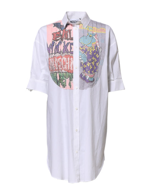A white shirt dress with a colorful print on the front, featuring collar and button details