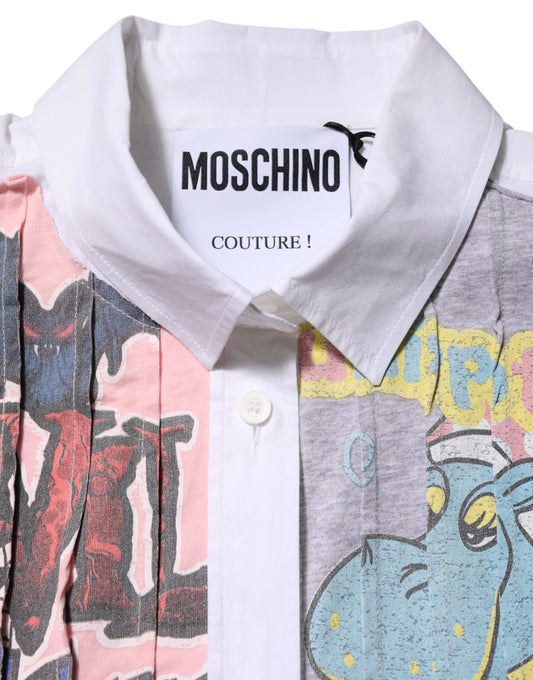 A white collared button mini shirt dress with a printed design, by Moschino Couture