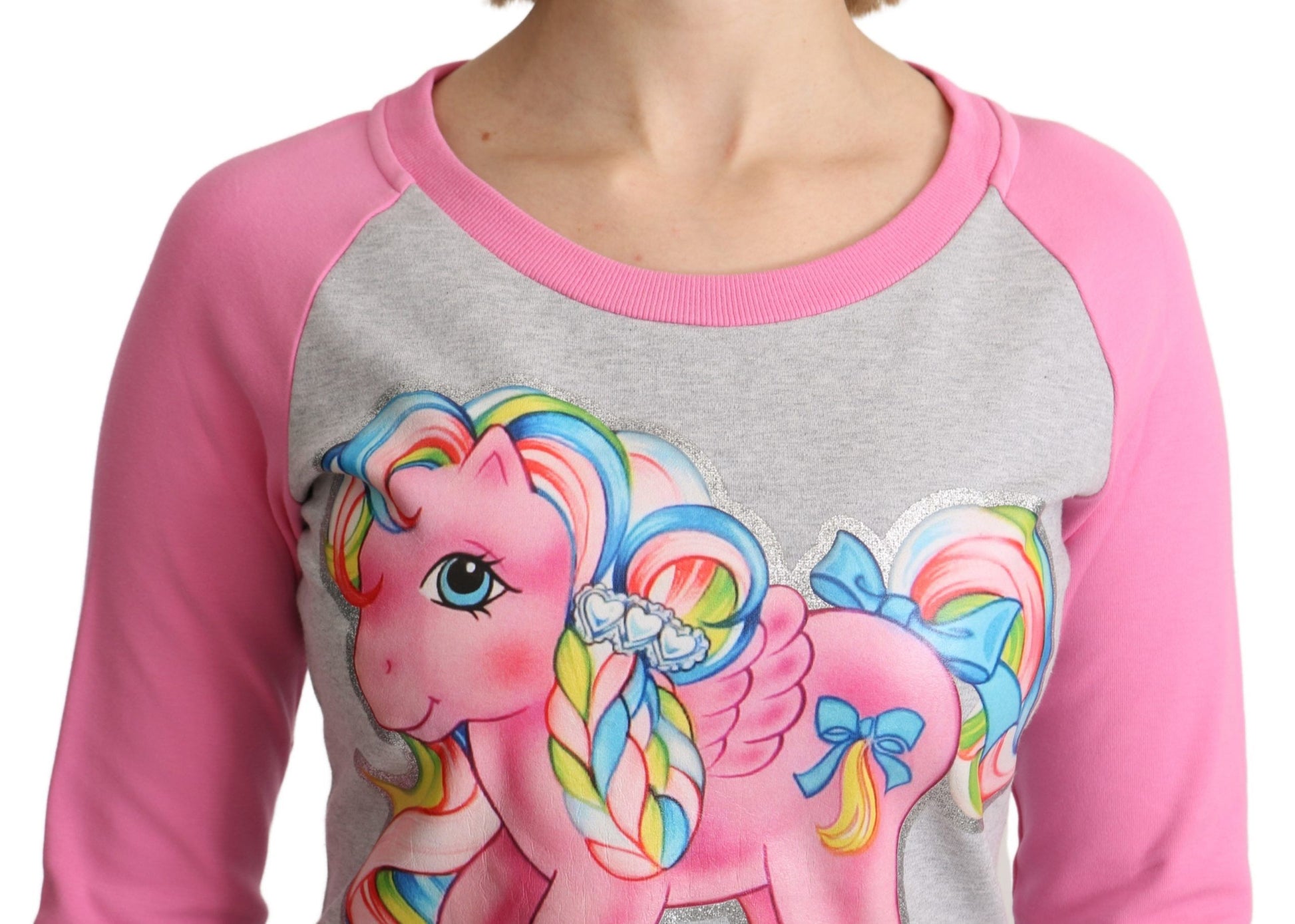 Pink and gray pony shirt on woman's torso