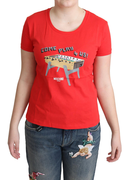 Red t-shirt with graphic design on front
