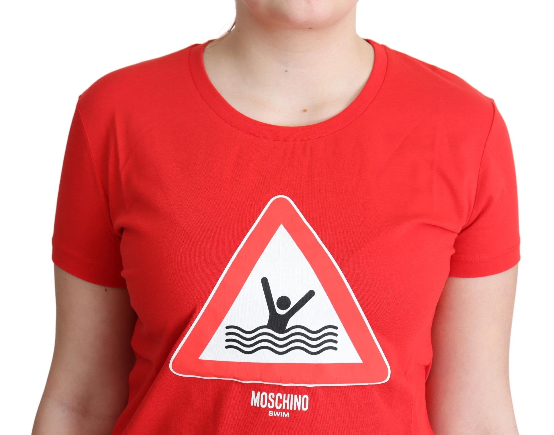 Red t-shirt with a white swimming sign on front