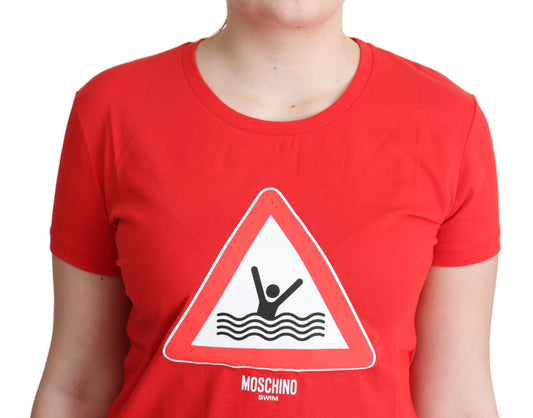 Red t-shirt with a white swimming sign on front