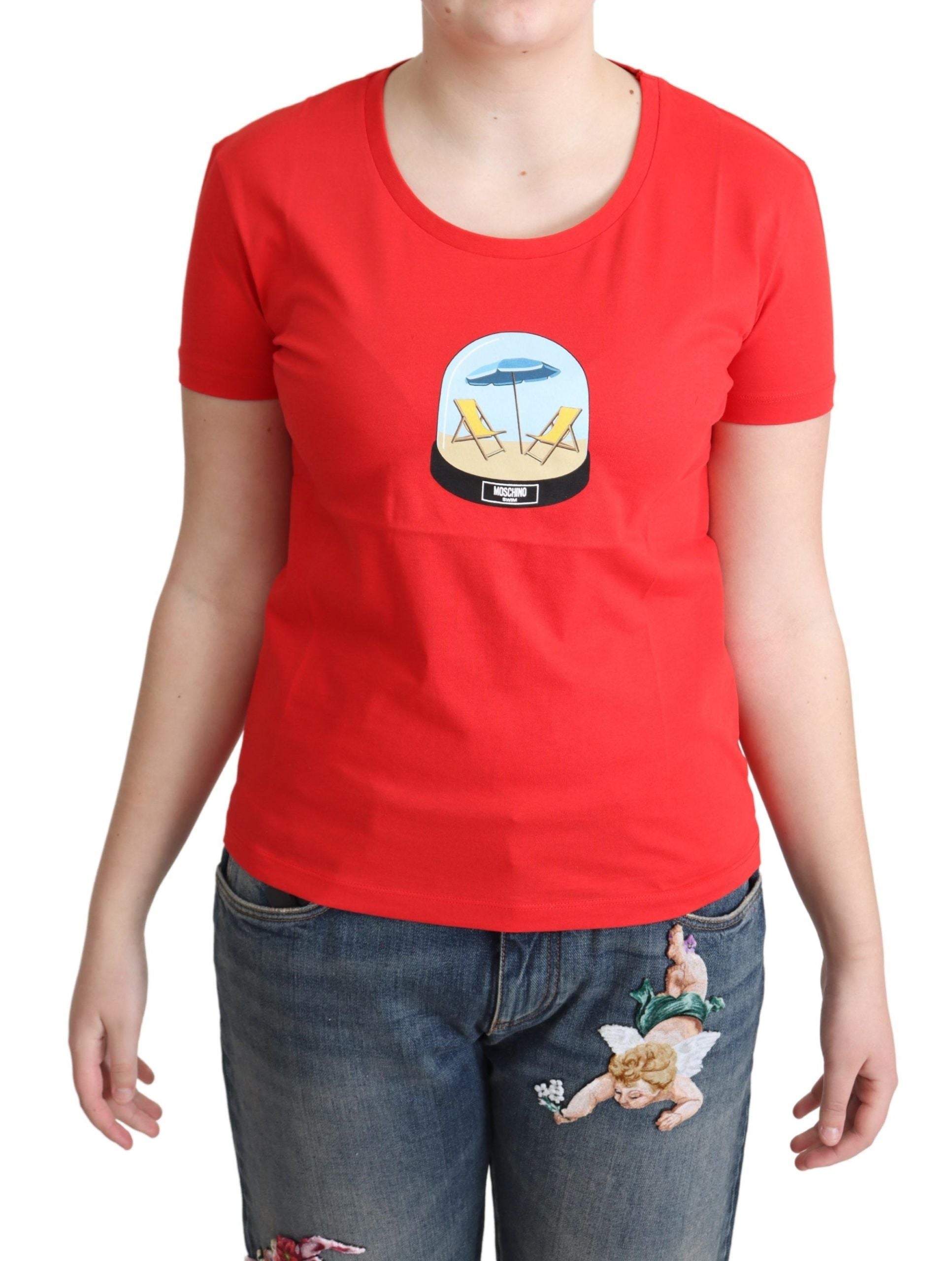 Red t-shirt with graphic design on front