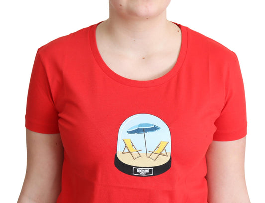 Red t-shirt with graphic design on front