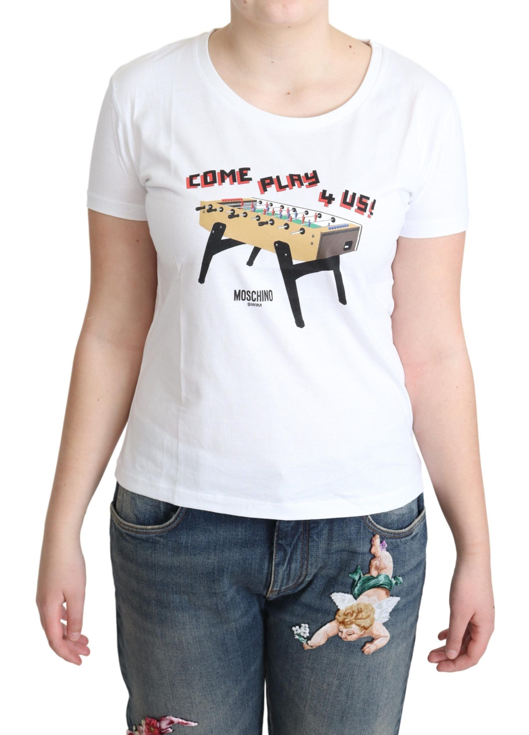 White t-shirt with graphic design on front