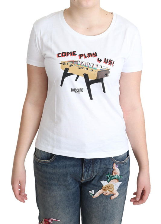 White t-shirt with graphic design on front