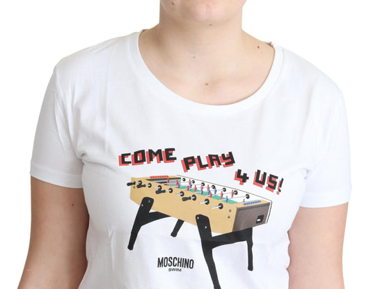 White t-shirt with graphic design featuring a pixelated character playing pinball
