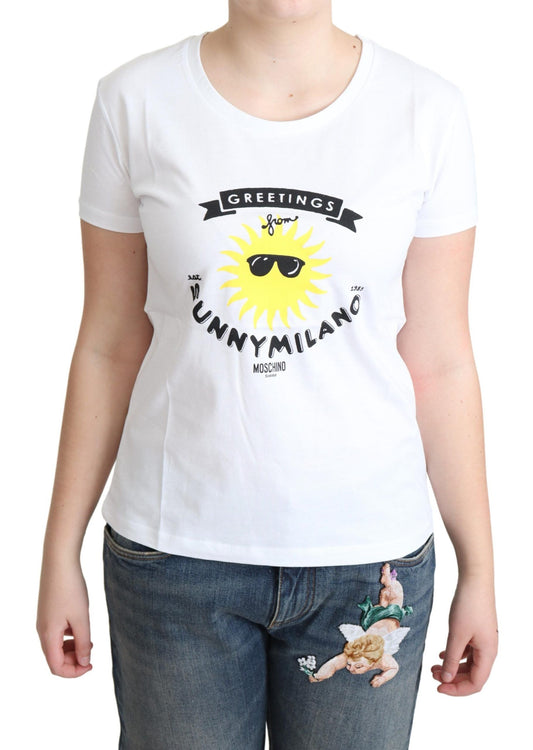 White t-shirt with graphic design on front