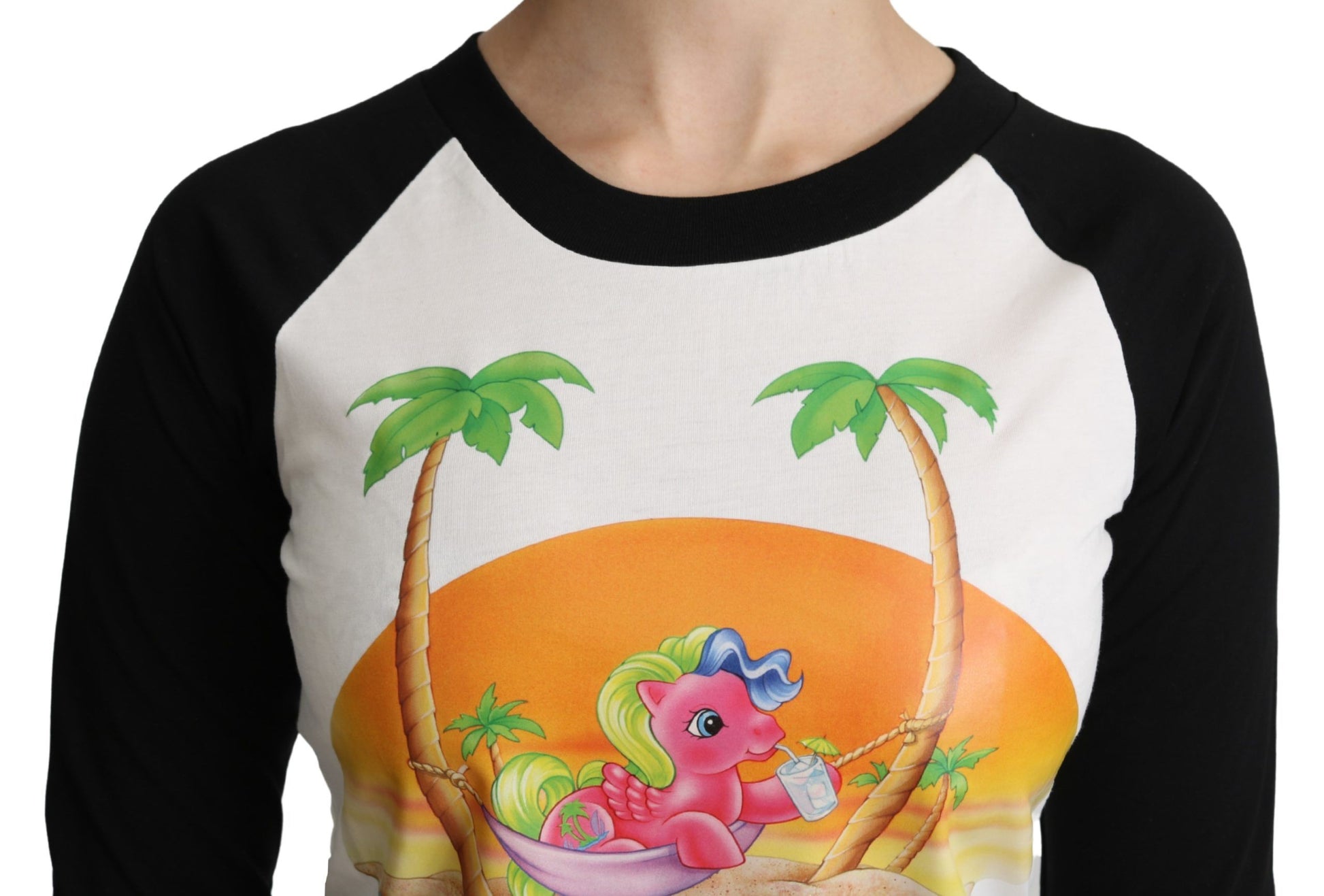 Black and white baseball jersey with a graphic of a pink unicorn on a palm tree