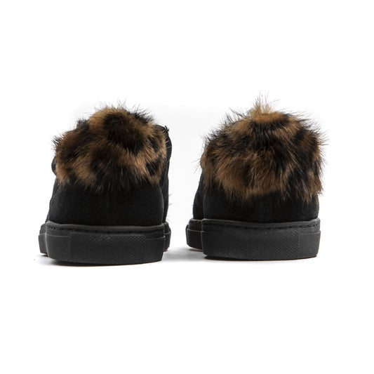 Pair of black leather women's sneakers with fur trim