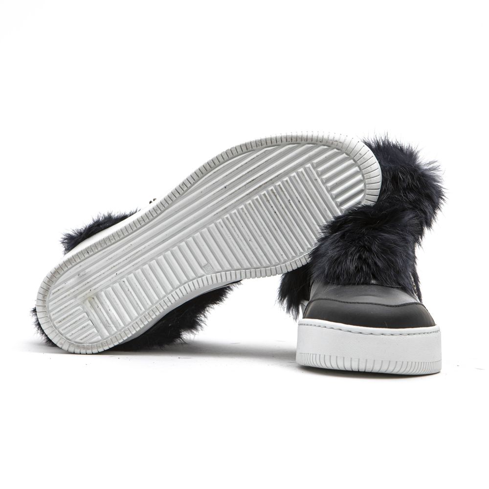 A single blue women's sneaker with a white sole, featuring a fuzzy fur trim around the collar