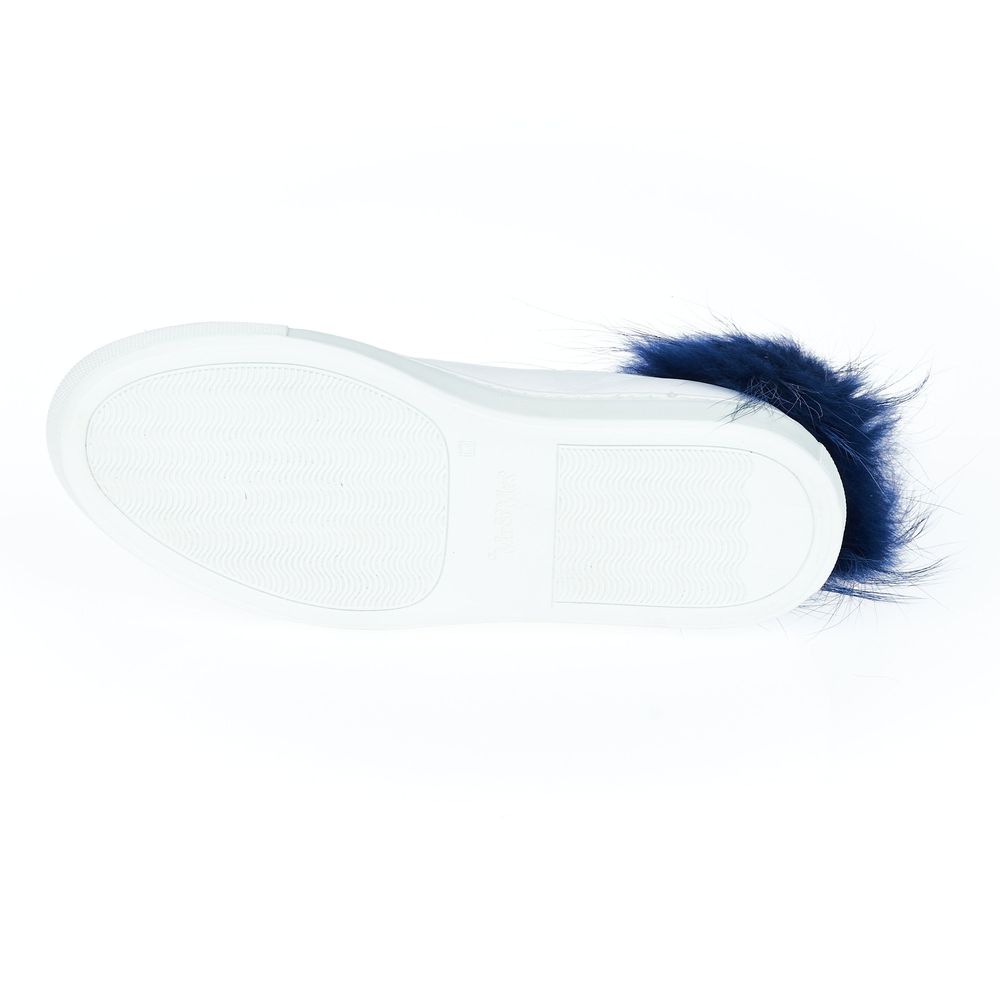 A white sneaker with blue fur trim on the heel