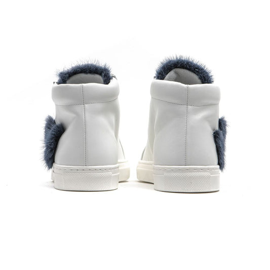 Pair of white leather women's sneakers with blue fur trim