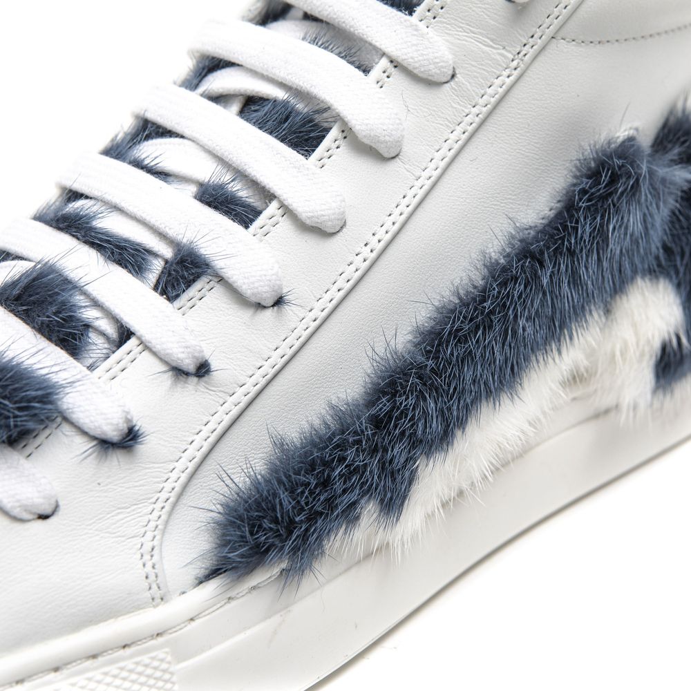 A pair of white leather women's sneakers with blue fur trim