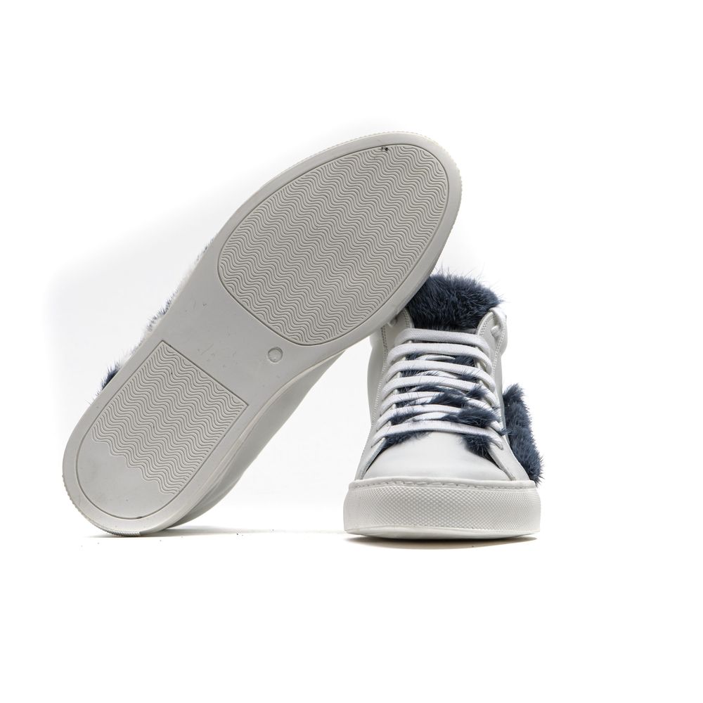 A pair of white leather women's sneakers with a blue trim and a furry texture on the sole