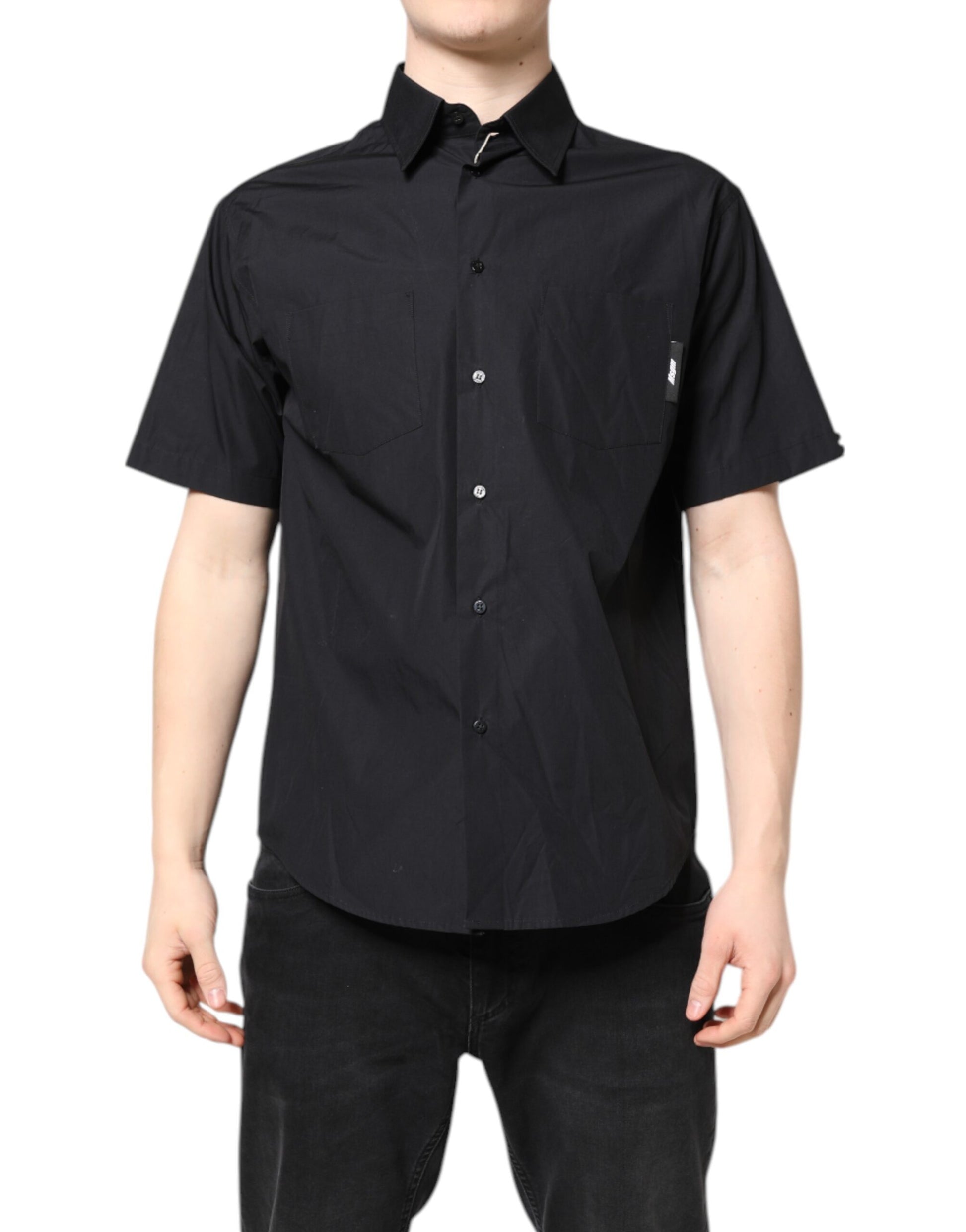 Man wearing black short sleeve shirt