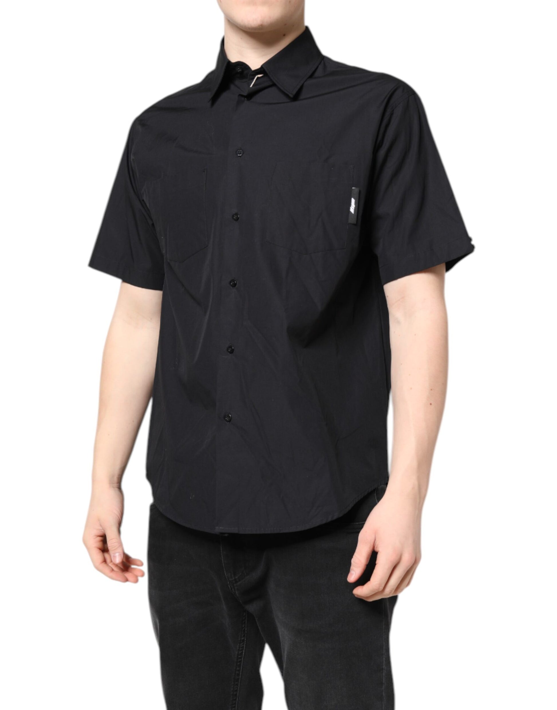 Black short sleeve shirt with button down front