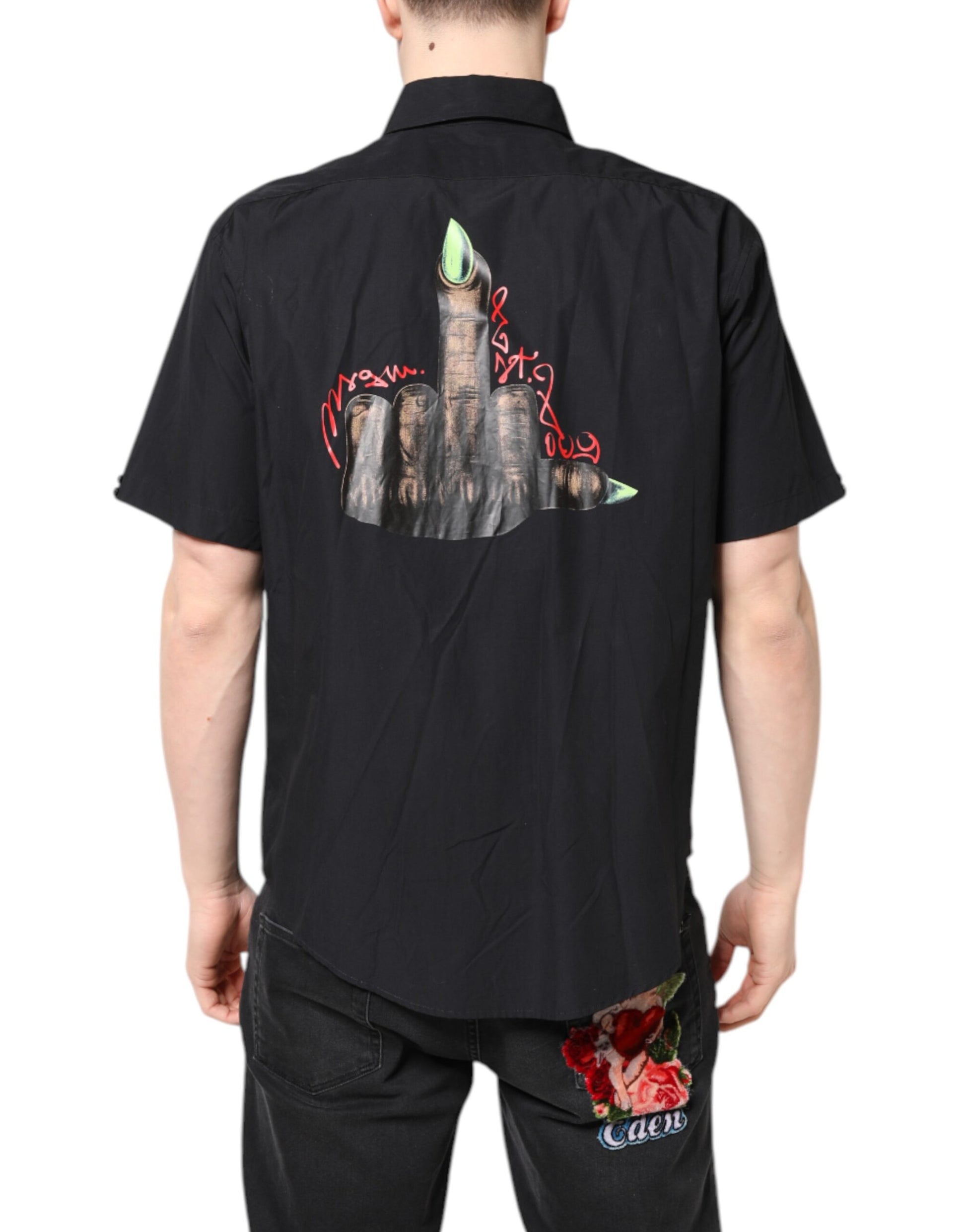 Black shirt with back design featuring a castle on fire