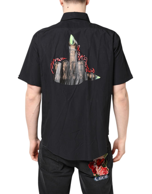 Black shirt with back design featuring a castle on fire