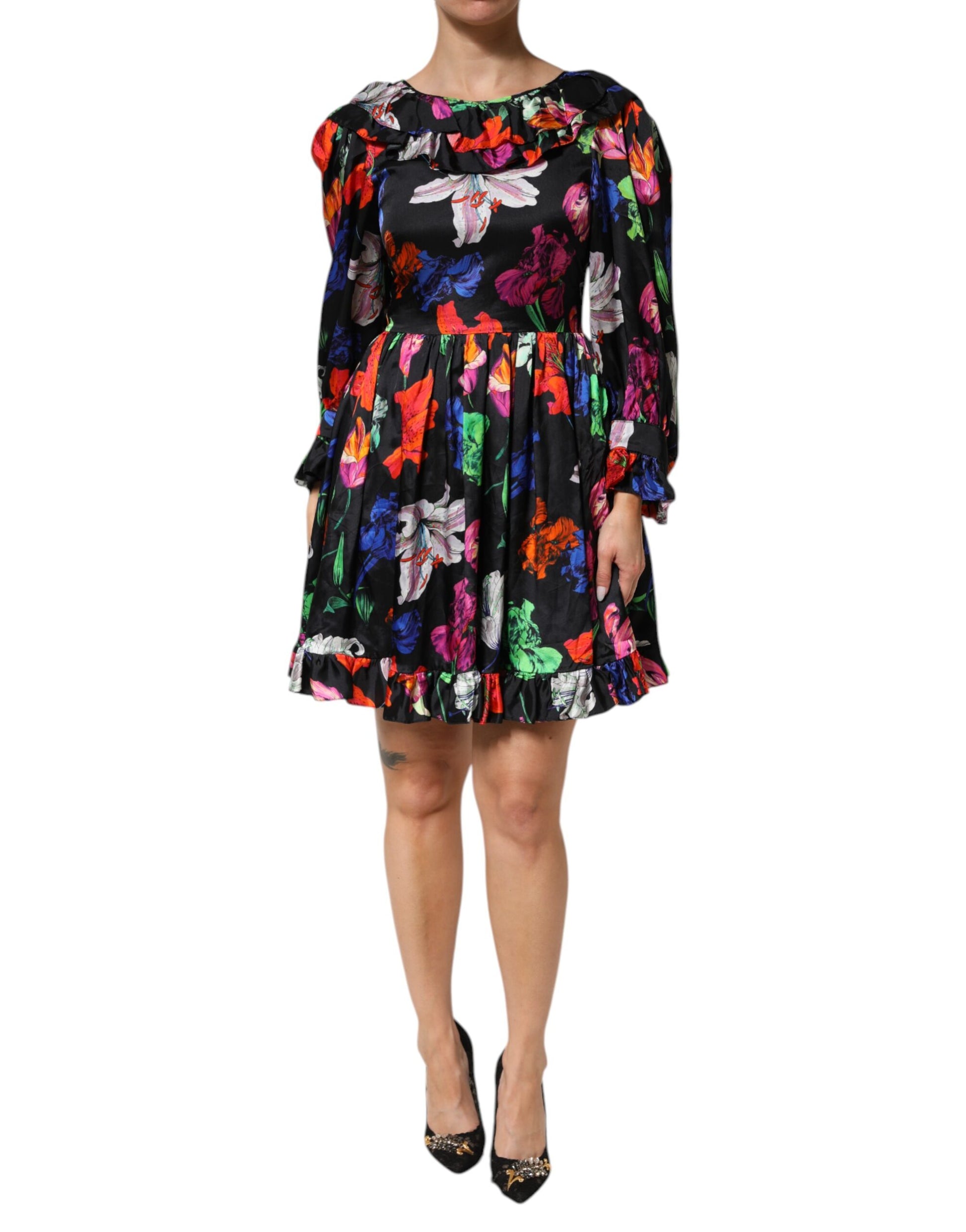 A black, multicolored floral ruffle long sleeve mini dress