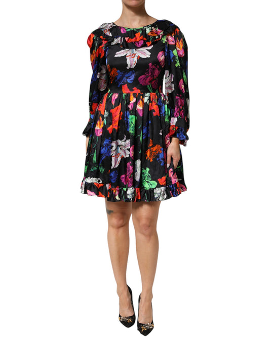 A black, multicolored floral ruffle long sleeve mini dress