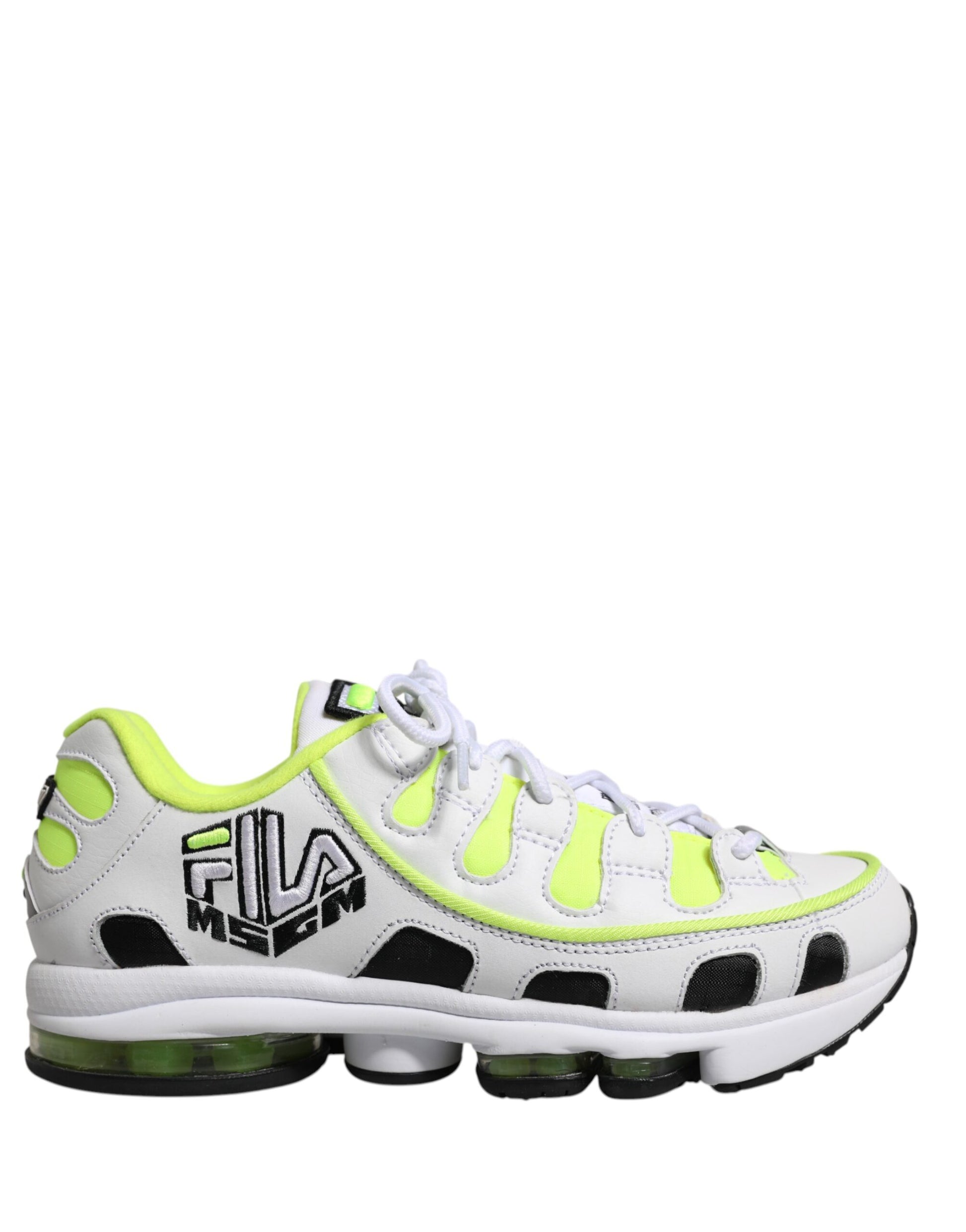 White sneaker with yellow accents and black logo on side